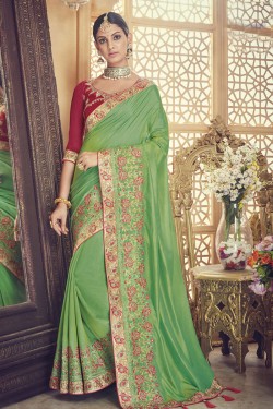 Supreme Green Silk Embroidered Saree With Banglori Silk Blouse