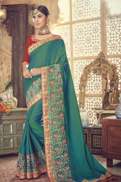 Gorgeous Green Silk Embroidered Saree With Banglori Silk Blouse