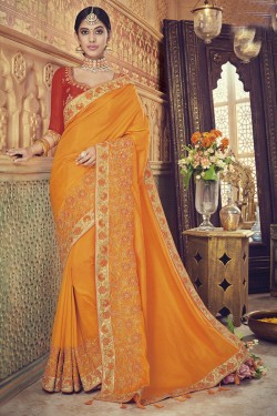 Lovely Orange Silk Embroidered Saree With Banglori Silk Blouse