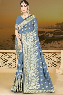 Lovely Grey Silk Embroidered Saree With Silk Blouse