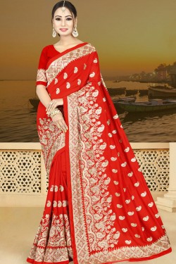 Classic Red Silk Embroidered Saree With Silk Blouse