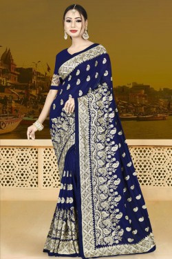 Pretty Navy Blue Silk Embroidered Saree With Silk Blouse