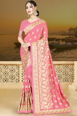 Optimum Pink Silk Embroidered Saree With Silk Blouse