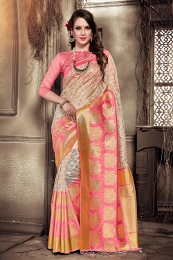 Beautiful Peach Silk and Organza Jaquard Work Designer Saree With Silk and Organza Blouse