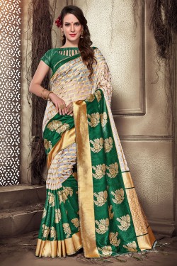 Admirable Green Silk and Organza Jaquard Work Designer Saree With Silk and Organza Blouse