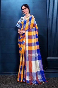 Beautiful Mustard and Blue Linen Silk Printed Designer Saree With Banglori Linen Silk Blouse