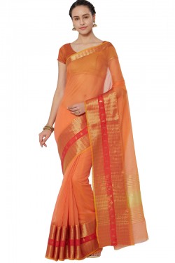 Beautiful Orange Cotton and Silk Printed Casual Saree With Cotton and Silk Blouse
