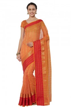 Admirable Orange Cotton and Silk Printed Casual Saree With Cotton and Silk Blouse