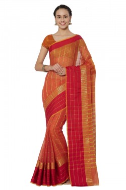 Excellent Orange Cotton and Silk Printed Casual Saree With Cotton and Silk Blouse