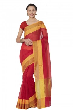 Optimum Red Cotton and Silk Printed Casual Saree With Cotton and Silk Blouse
