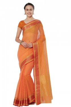 Supreme Orange Cotton and Silk Printed Casual Saree With Cotton and Silk Blouse