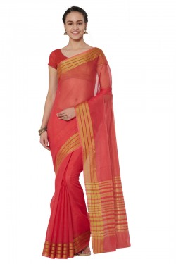 Stylish Red Cotton and Silk Printed Casual Saree With Cotton and Silk Blouse
