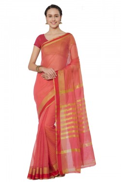 Desirable Peach Cotton and Silk Printed Casual Saree With Cotton and Silk Blouse