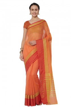 Graceful Orange Cotton and Silk Printed Casual Saree With Cotton and Silk Blouse