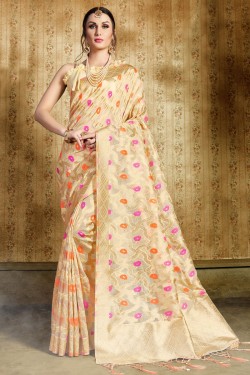 Classic Cream Silk Jaquard Work Designer Saree With Silk Blouse