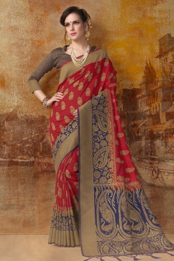 Desirable Red Banarasi Silk Jaquard Work Designer Saree With Banarasi Silk Blouse