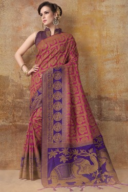 Classic Pink Banarasi Silk Jaquard Work Designer Saree With Banarasi Silk Blouse
