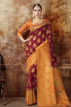 Gorgeous Maroon Banarasi Silk Jaquard Work Designer Saree With Banarasi Silk Blouse