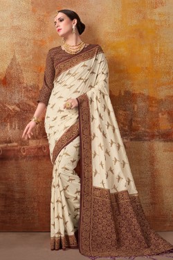 Optimum Off White Banarasi Silk Jaquard Work Designer Saree With Banarasi Silk Blouse