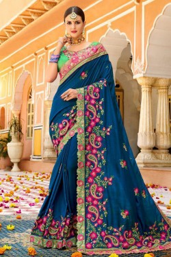 Graceful Blue Fancy Fabric Embroidered Saree With Fancy Fabric Blouse