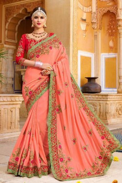 Pretty Peach Fancy Fabric Embroidered Saree With Fancy Fabric Blouse