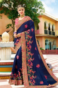 Lovely Navy Blue Fancy Fabric Embroidered Saree With Fancy Fabric Blouse
