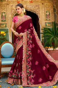 Excellent Maroon Fancy Fabric Embroidered Saree With Fancy Fabric Blouse