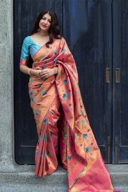 Beautiful Peach Silk Jaquard Work Designer Saree With Silk Blouse