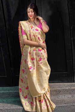 Stylish Beige Silk Jaquard Work Designer Saree With Silk Blouse