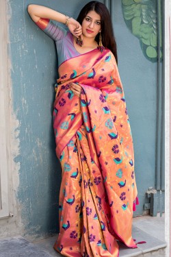 Supreme Peach Silk Jaquard Work Designer Saree With Silk Blouse