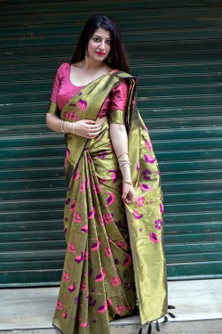 Ultimate Mehendi Green Silk Jaquard Work Designer Saree With Silk Blouse
