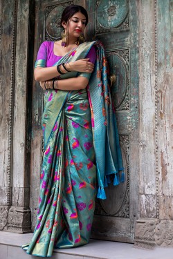 Graceful Blue Silk Jaquard Work Designer Saree With Silk Blouse
