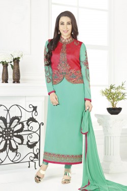 Karisma Kapoor Stylish Green Georgette Embroidered Designer Salwar Suit With Nazmin Dupatta