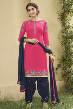 Graceful Pink Cotton Embroidered Patiala Salwar Suit With Nazmin Dupatta