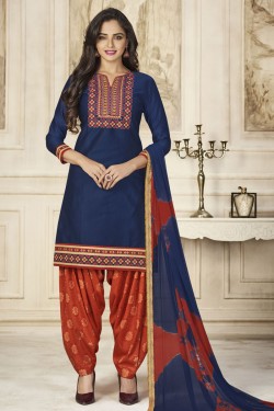 Admirable Blue Cotton Embroidered Patiala Salwar Suit With Nazmin Dupatta