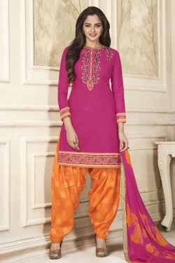 Lovely Pink Cotton Embroidered Patiala Salwar Suit With Nazmin Dupatta