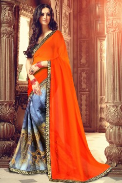 Admirable Orange Printed Weightless Saree With Banglori Silk Blouse
