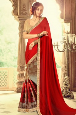 Gorgeous Red Printed Weightless Saree With Banglori Silk Blouse