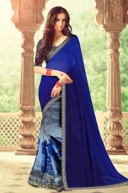 Lovely Blue Printed Weightless Saree With Banglori Silk Blouse