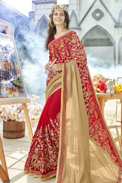 Charming Red Georgette Embroidered Saree With Banglori Silk Blouse