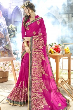 Pretty Pink Georgette Embroidered Saree With Banglori Silk Blouse