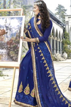 Ultimate Navy Blue Georgette Embroidered Saree With Banglori Silk Blouse