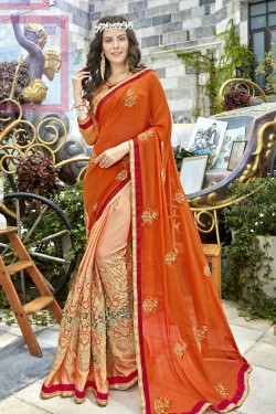 Classic Orange Georgette Embroidered Saree With Banglori Silk Blouse
