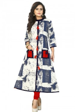 Gorgeous Off White and Blue Cotton and Rayon Printed Kurti