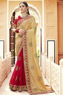 Excellent Cream Georgette Embroidered Saree With Banglori Silk Blouse