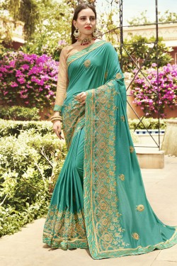 Gorgeous Turquoise Art Silk Embroidered Saree With Banglori Silk Blouse