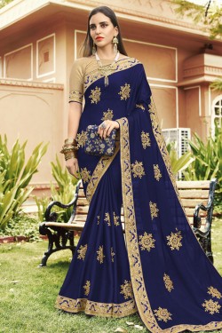 Pretty Navy Blue Georgette Embroidered Saree With Banglori Silk Blouse