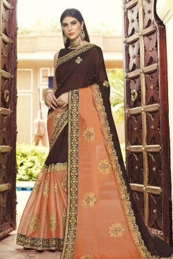 Beautiful Brown and Peach Georgette Embroidered Saree With Banglori Silk Blouse