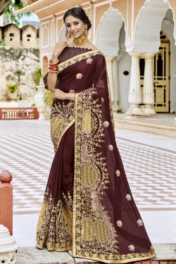 Stylish Purple Georgette Embroidered Wedding Saree With Banglori Silk Blouse