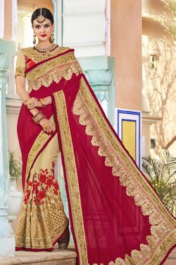Desirable Red and Golden Net and Georgette Embroidered Wedding Saree With Banglori Silk Blouse